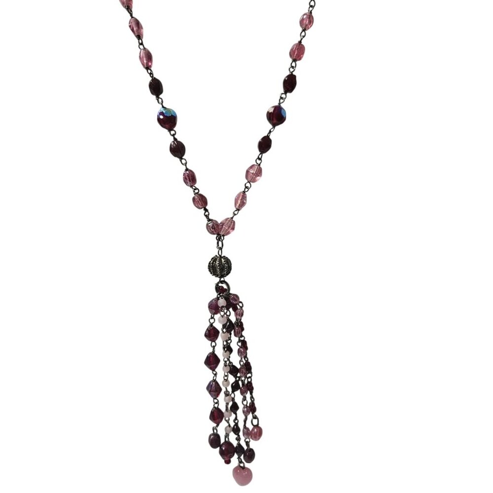 Elegant Pink Beaded Tassel Necklace Heart Pendant Fashion Jewelry Gift Women